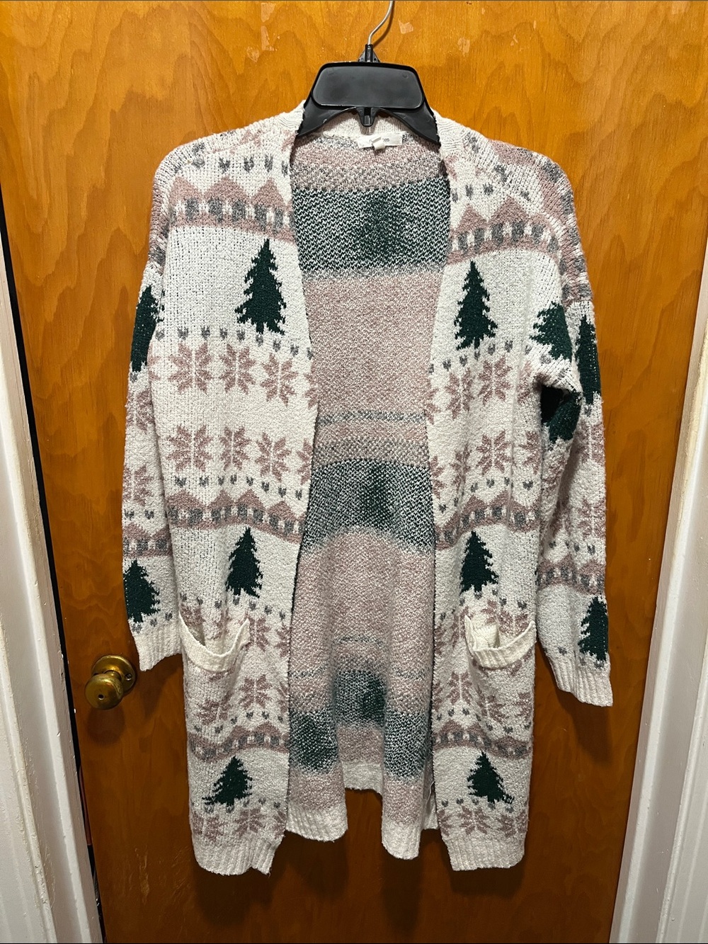 Maurices Cream Cardigan with Green Tree and Pink Fair Isle Accents